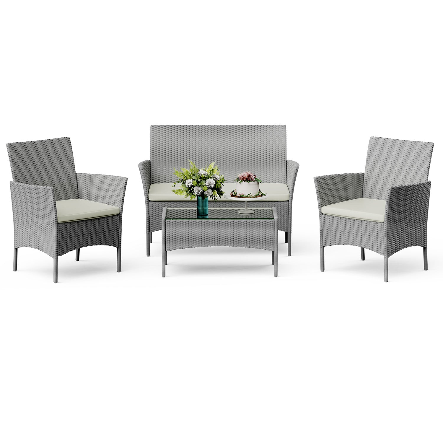 4-Seater Rattan Garden Furniture Patio Conversation Set with 2 Single Chairs, 1 Double Sofa and 1 Table
