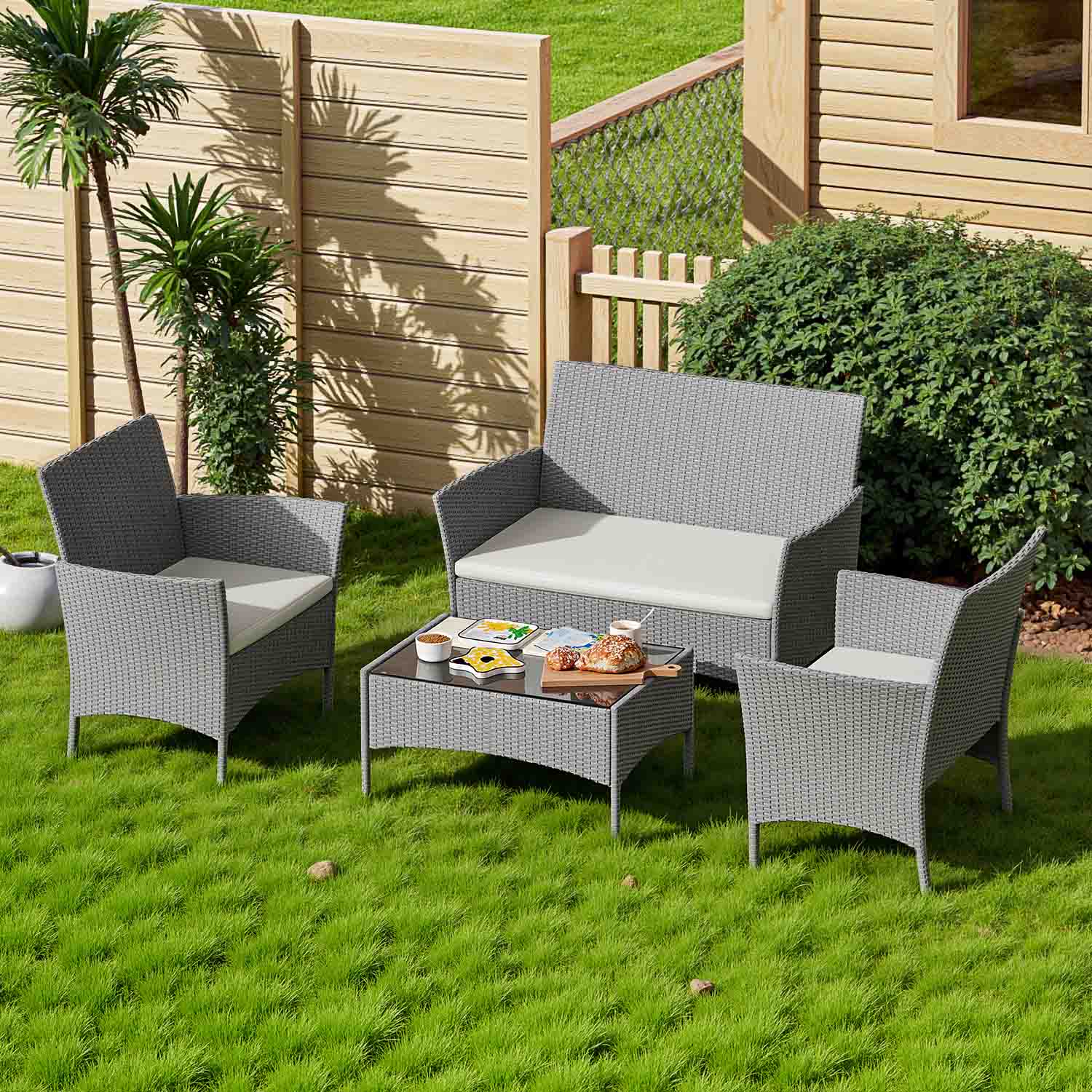 4-Seater Rattan Garden Furniture Patio Conversation Set with 2 Single Chairs, 1 Double Sofa and 1 Table