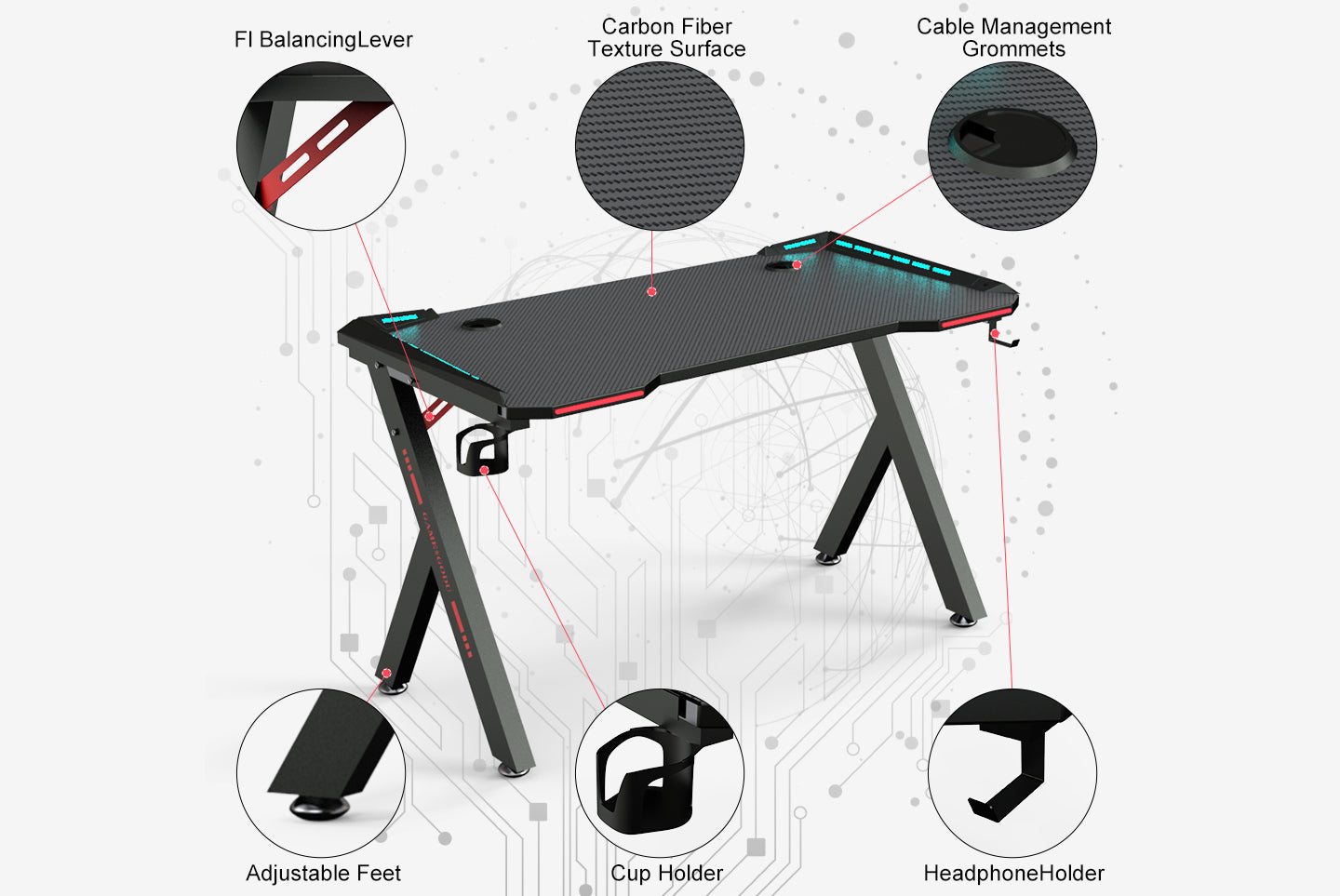 Gaming Desk RGB Lighting Ergonomic Gamer Workstation Computer Desk with Cup Holder Headphone Hook, 120x60cm