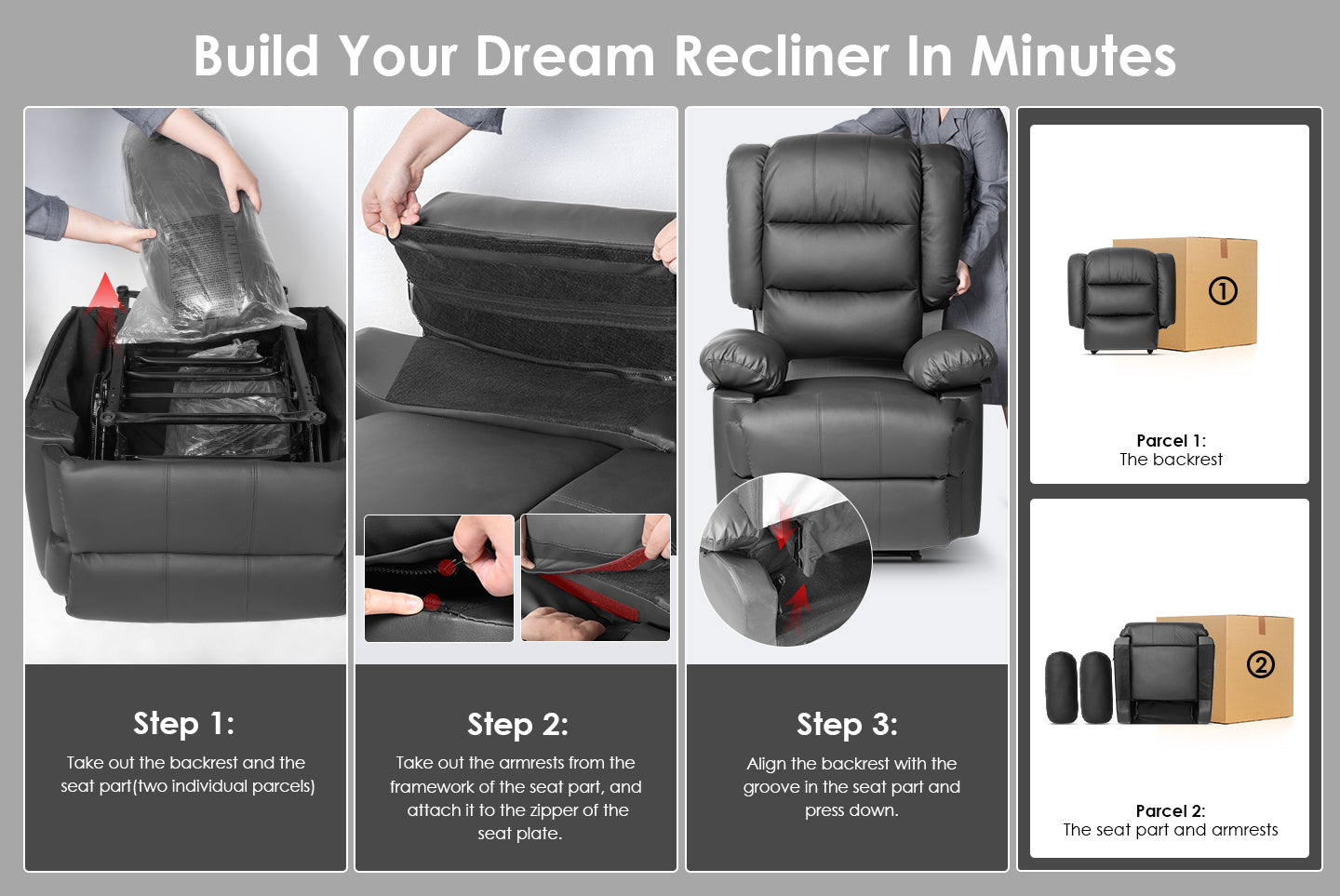 Armchair PU Leather Recliner Chair 110°-160° Manual Reclining Sofa with Padded Backrest Seat Retractable Footrest