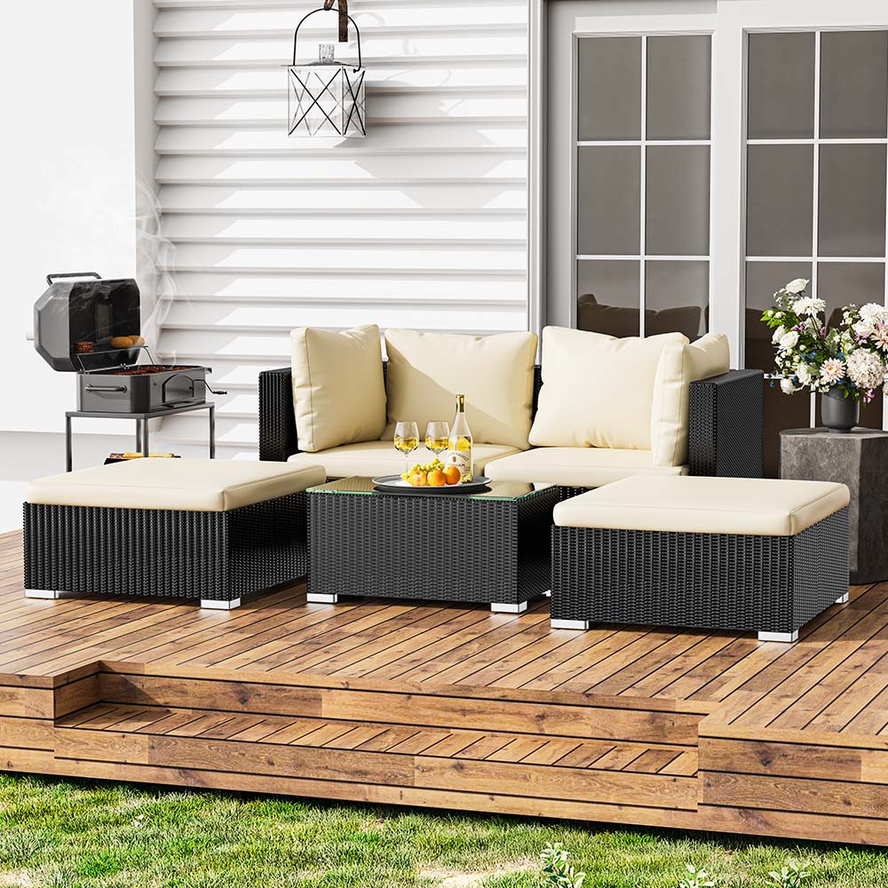 5PCS Rattan Sofa Lounge Set with Footstools and Coffee Table