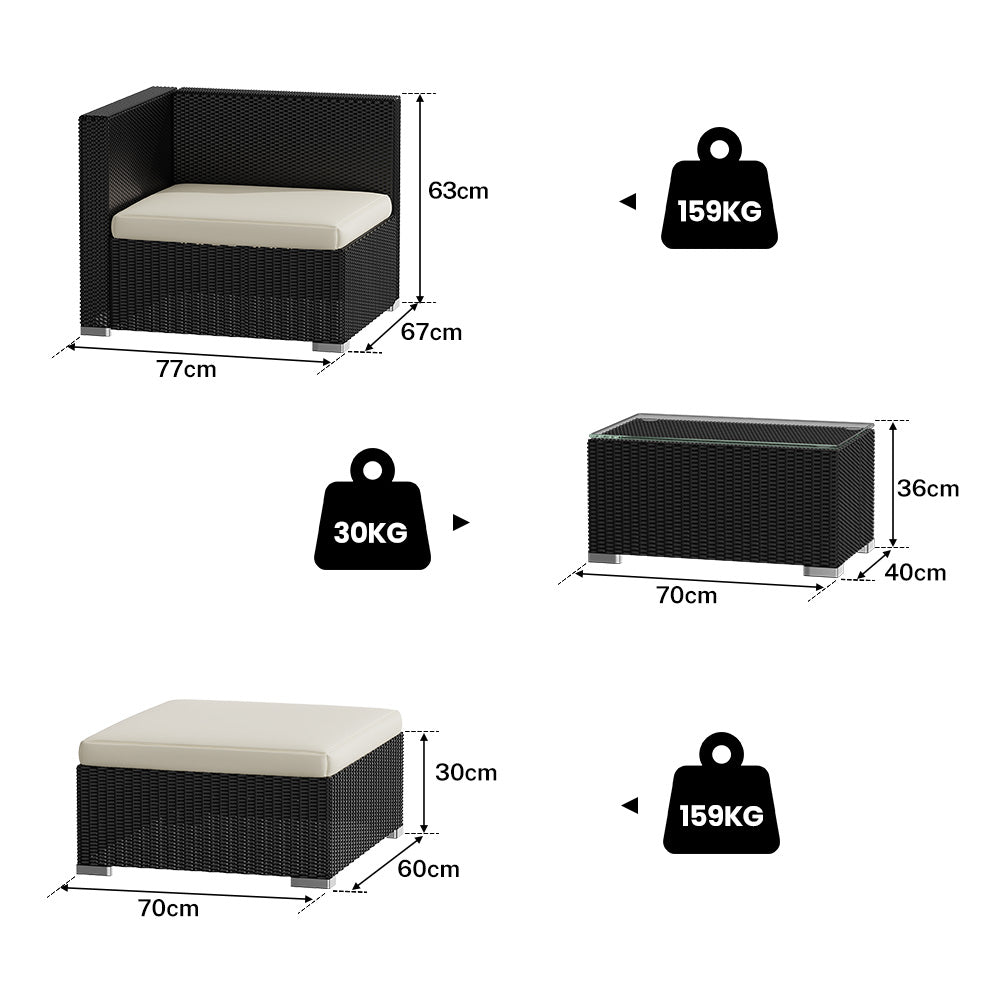 5PCS Rattan Sofa Lounge Set with Footstools and Coffee Table