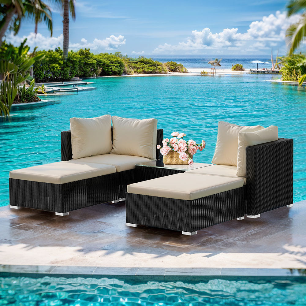 5PCS Rattan Sofa Lounge Set with Footstools and Coffee Table