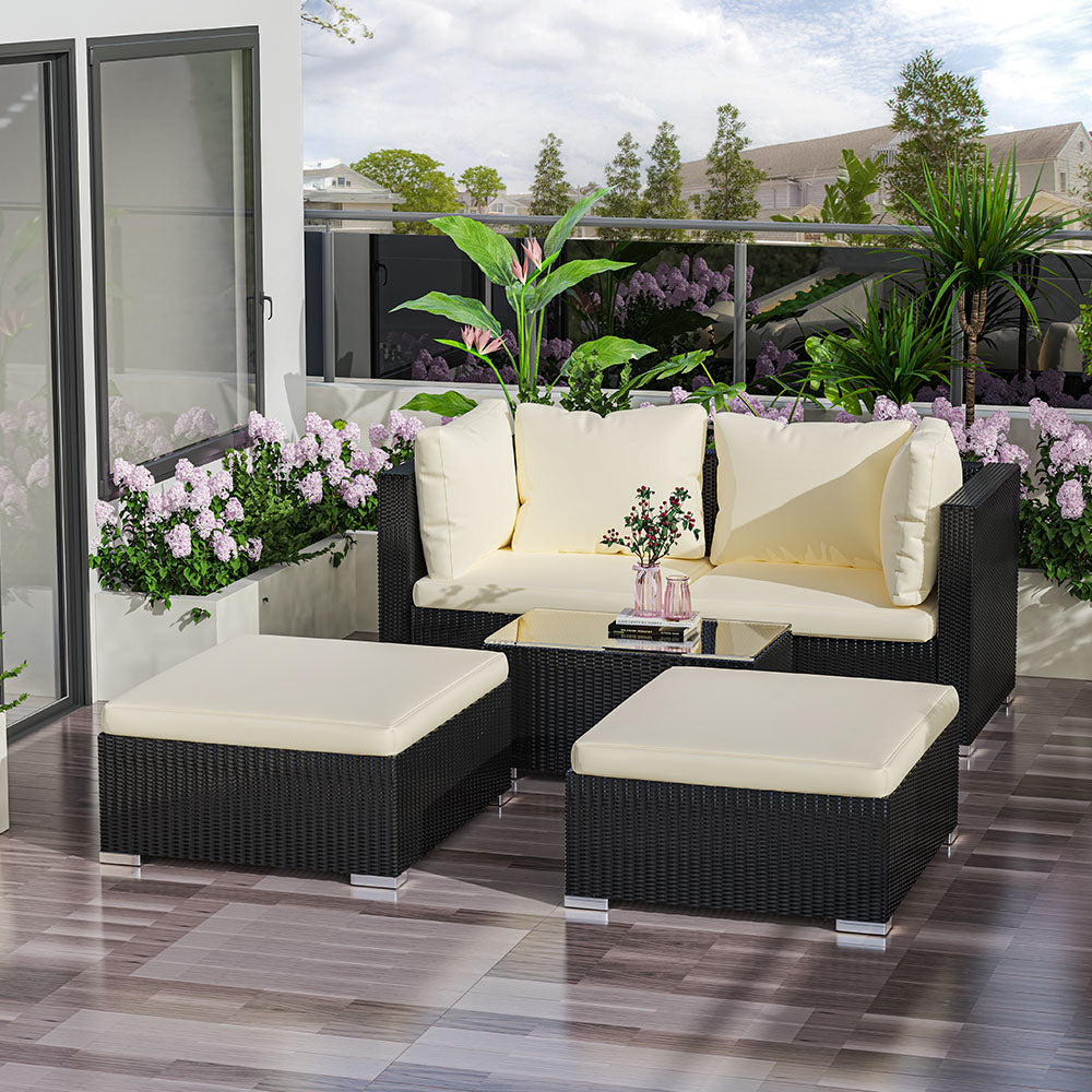 5PCS Rattan Sofa Lounge Set with Footstools and Coffee Table