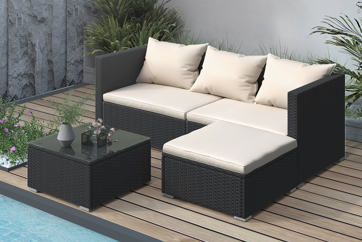 4 Pieces Patio Furniture Sets Outdoor Sofa with Washable Cushions and Glass Table