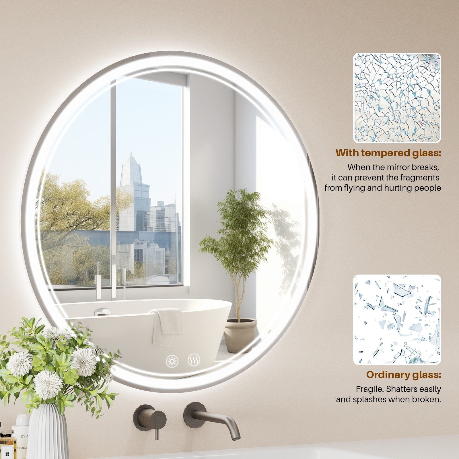 Round LED Bathroom Mirror 60x60cm with Anti-Fog, Touch Control, Memory Function