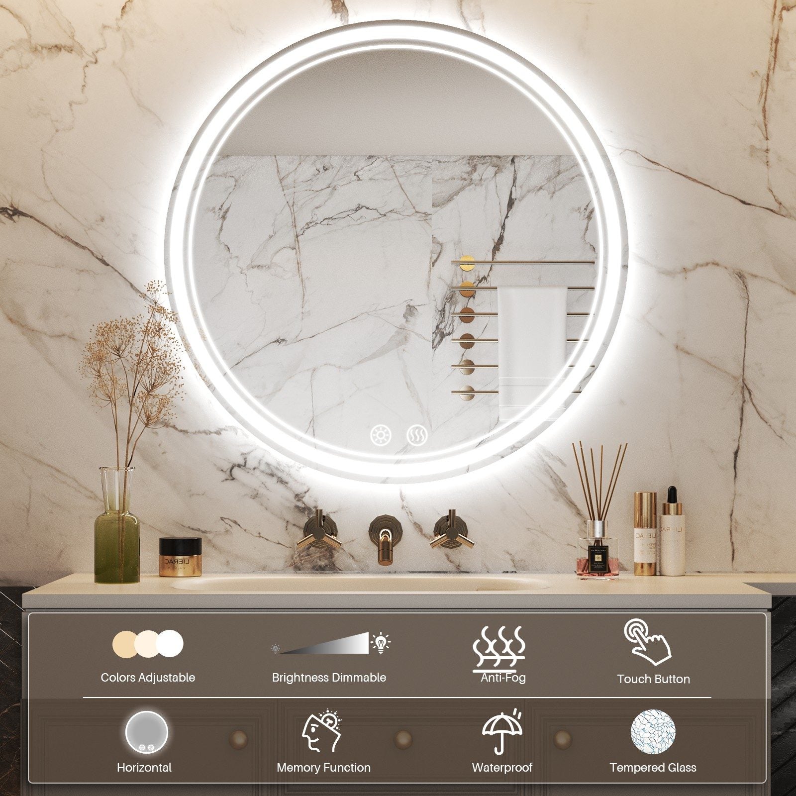 Round LED Bathroom Mirror 60x60cm with Anti-Fog, Touch Control, Memory Function