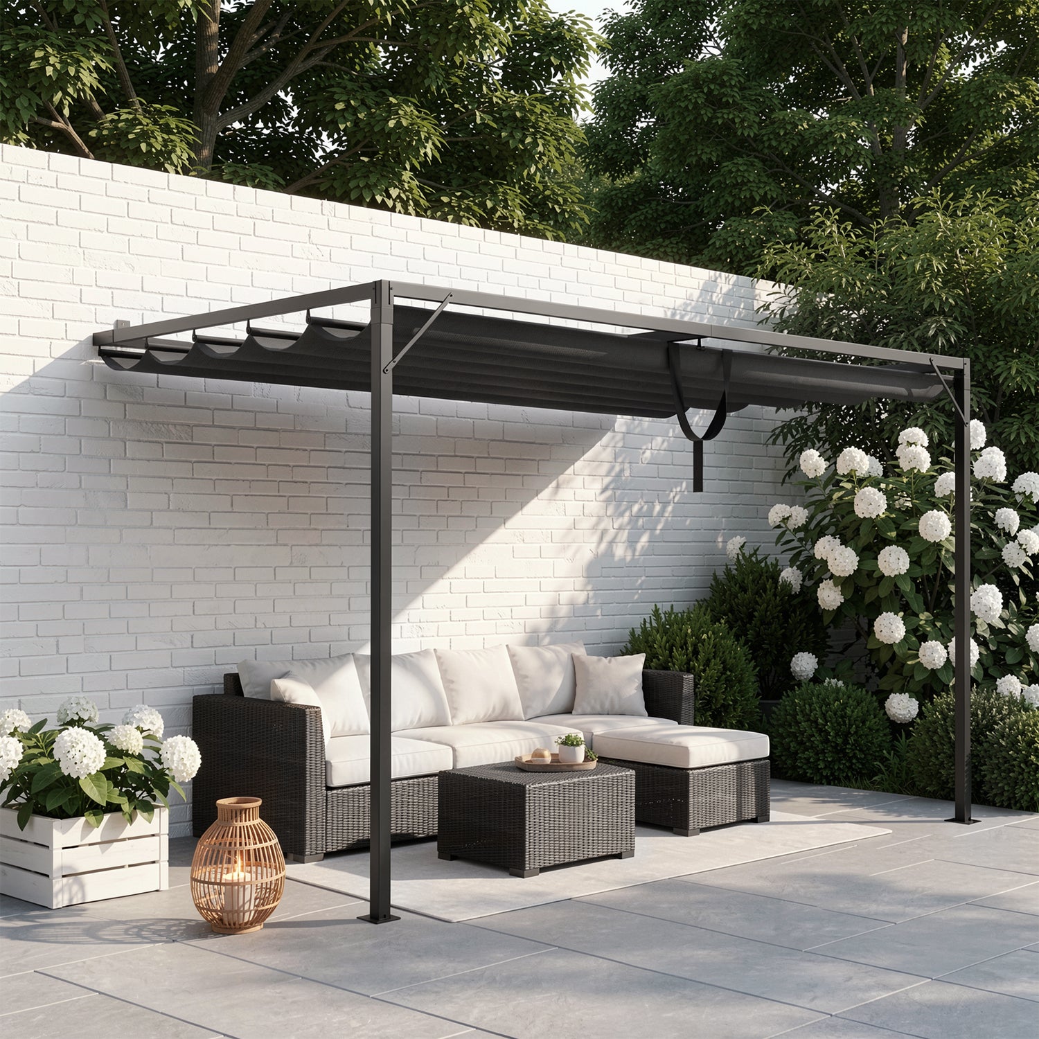 Lean to Wall Metal Pergola Square Gazebo with Retractable Roof Canopy
