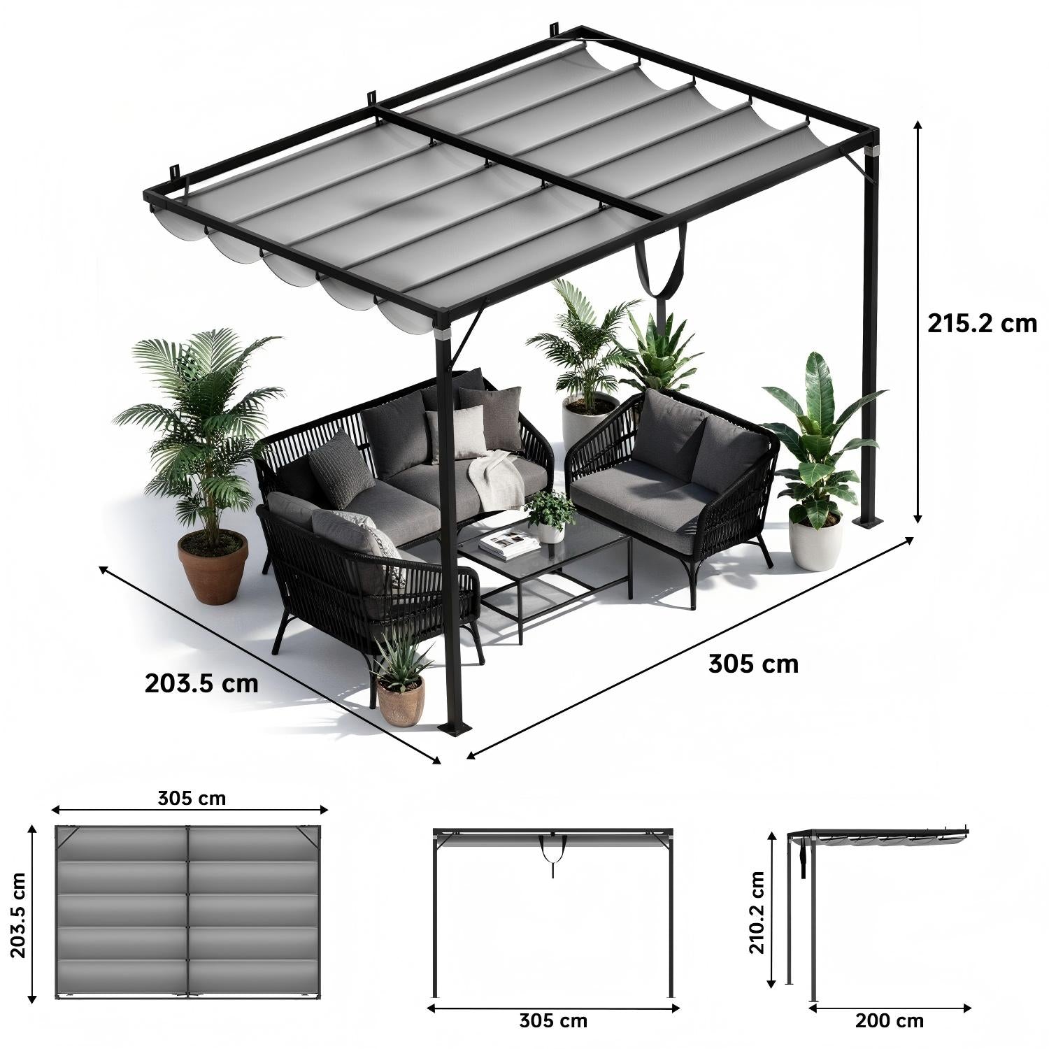 2mx3m Metal Pergola Outdoor Gazebo with Retractable Roof Canopy Sun Shelter for Backyard Garden Patio