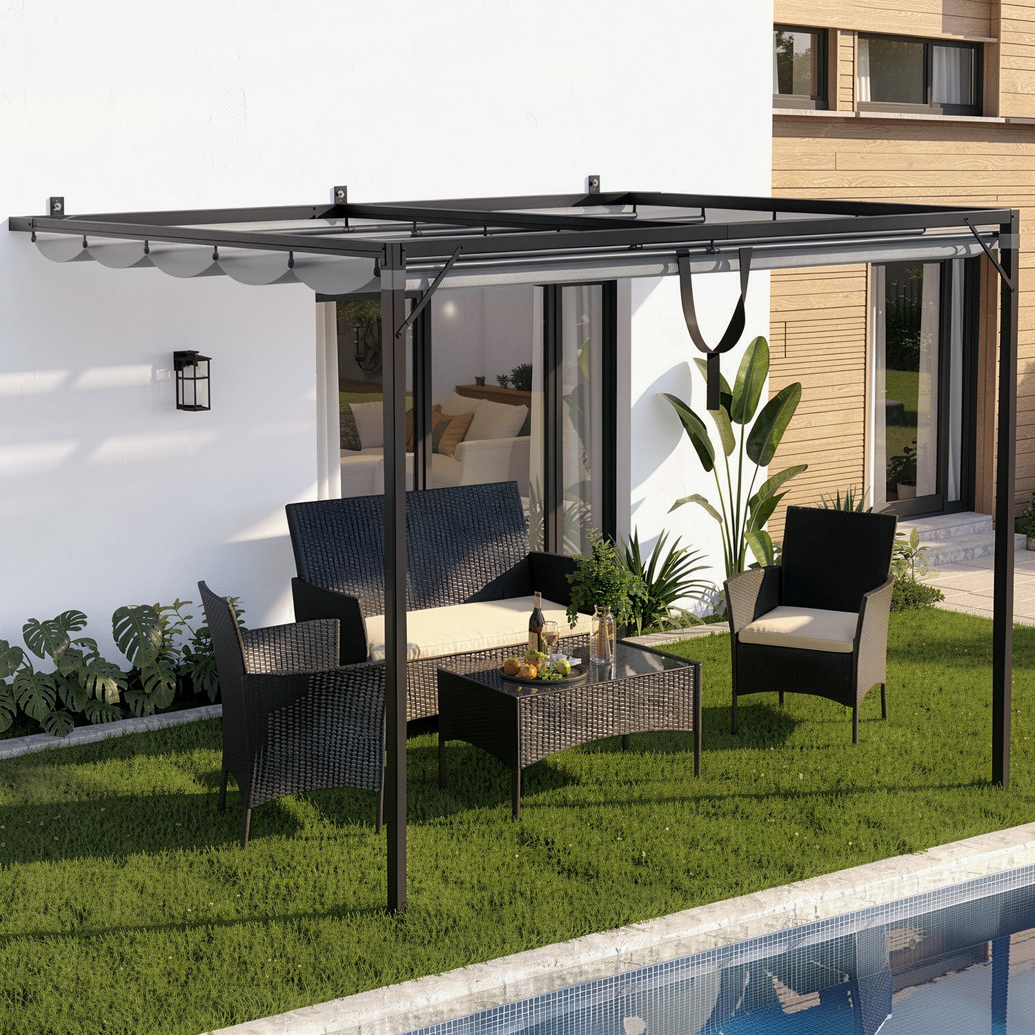 2mx3m Metal Pergola Outdoor Gazebo with Retractable Roof Canopy Sun Shelter for Backyard Garden Patio