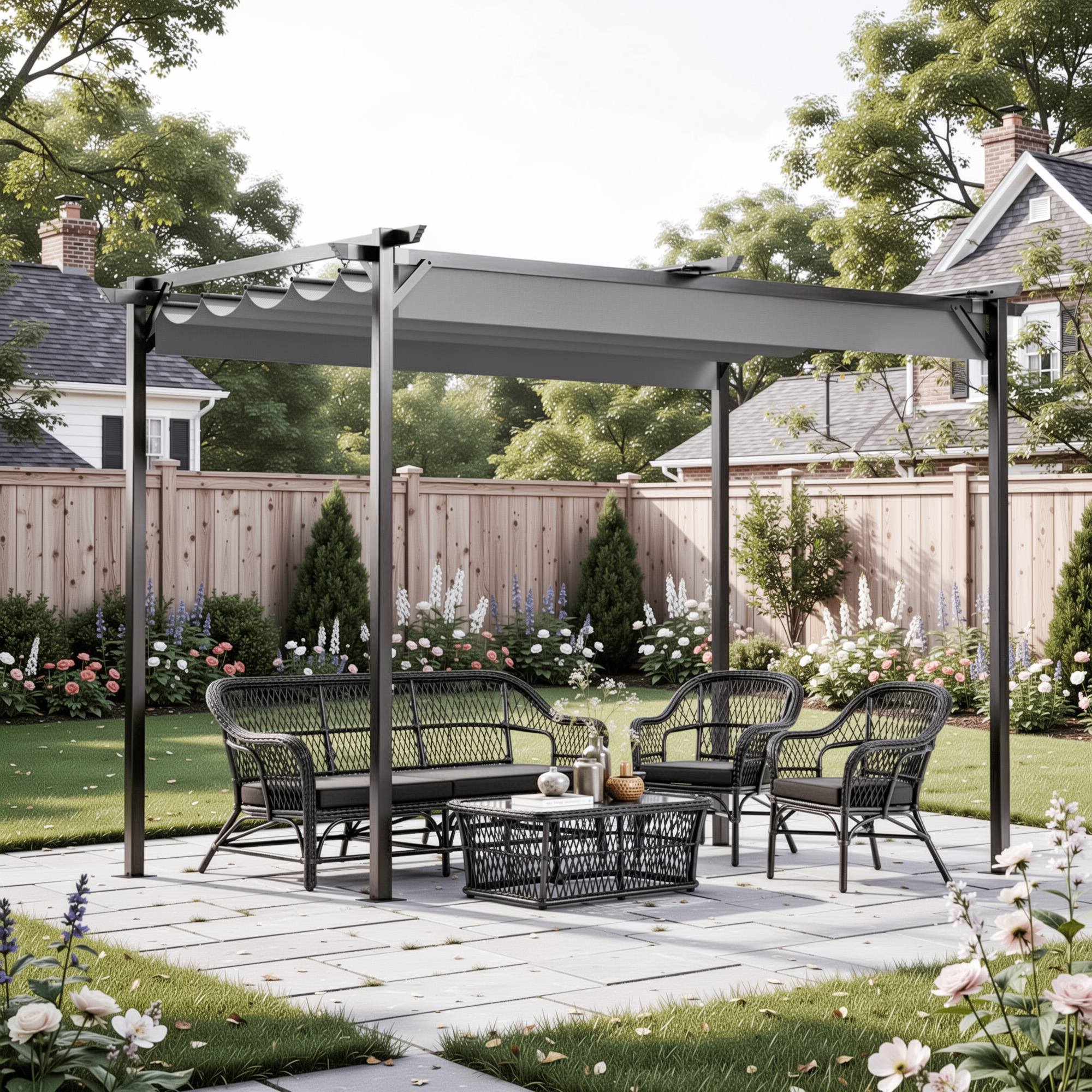 2mx3m Metal Pergola Outdoor Gazebo with Retractable Roof Canopy Sun Shelter for Backyard Garden Patio