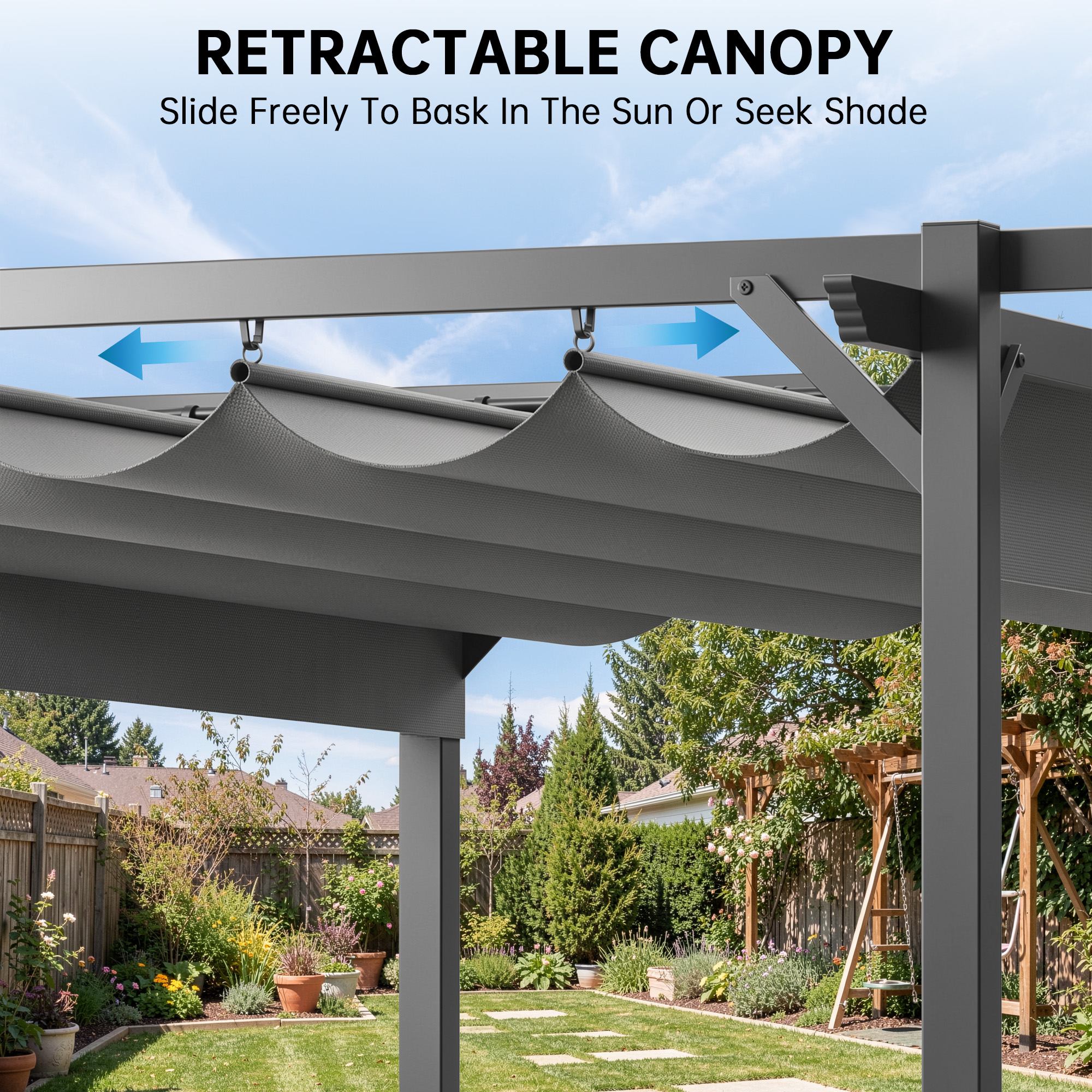 2mx3m Metal Pergola Outdoor Gazebo with Retractable Roof Canopy Sun Shelter for Backyard Garden Patio
