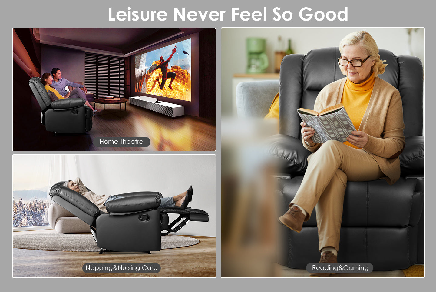Armchair PU Leather Recliner Chair 110°-160° Manual Reclining Sofa with Padded Backrest Seat Retractable Footrest