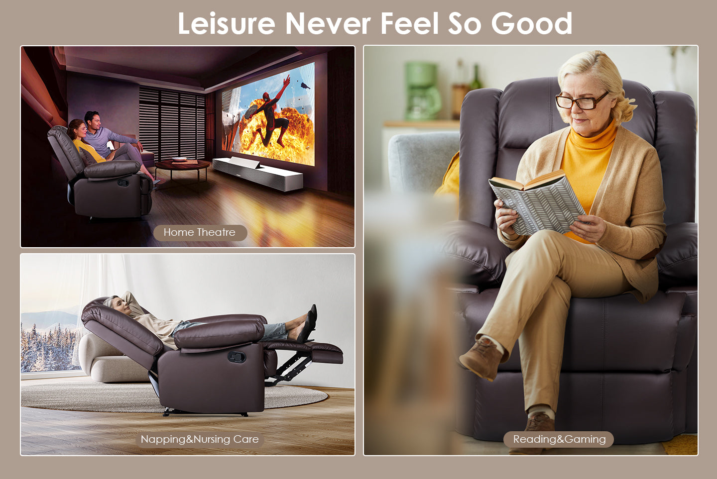 Armchair PU Leather Recliner Chair 110°-160° Manual Reclining Sofa with Padded Backrest Seat Retractable Footrest