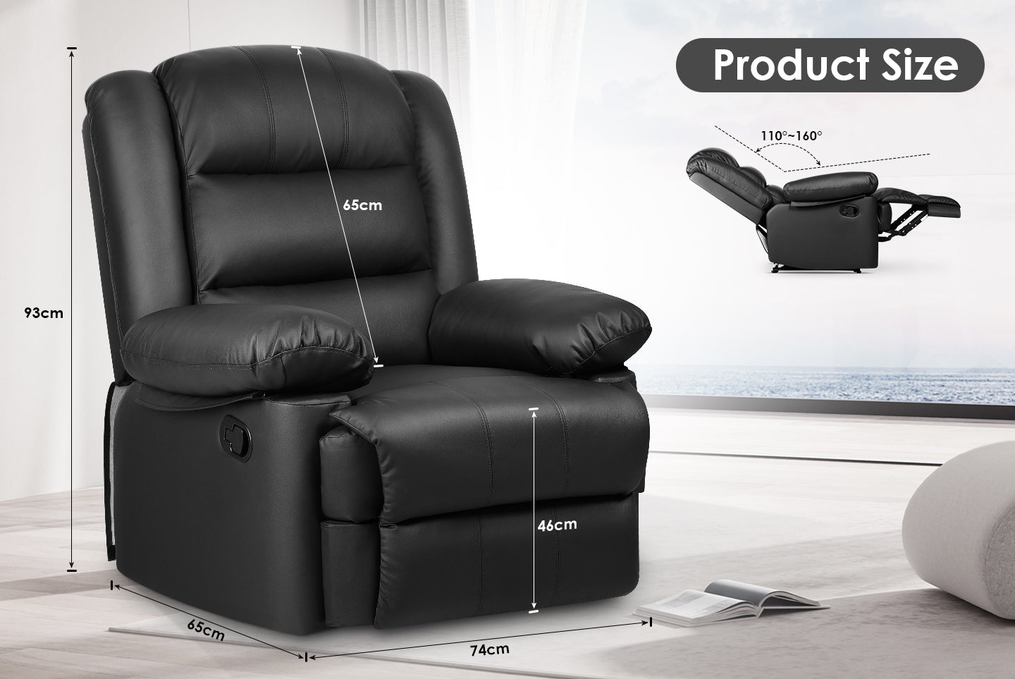 Armchair PU Leather Recliner Chair 110°-160° Manual Reclining Sofa with Padded Backrest Seat Retractable Footrest
