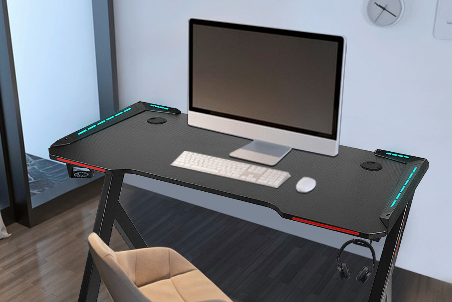 Gaming Desk RGB Lighting Ergonomic Gamer Workstation Computer Desk with Cup Holder Headphone Hook, 120x60cm