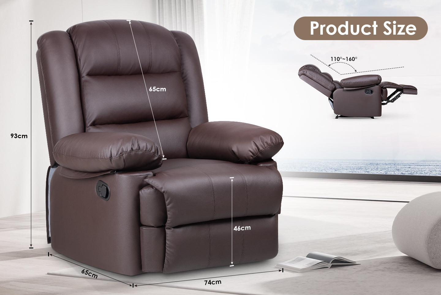 Armchair PU Leather Recliner Chair 110°-160° Manual Reclining Sofa with Padded Backrest Seat Retractable Footrest