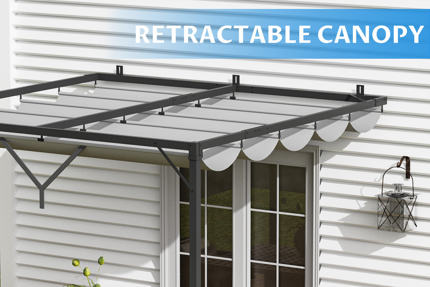 2.4m Lean to Wall Metal Pergola Square Gazebo with Retractable Roof Canopy