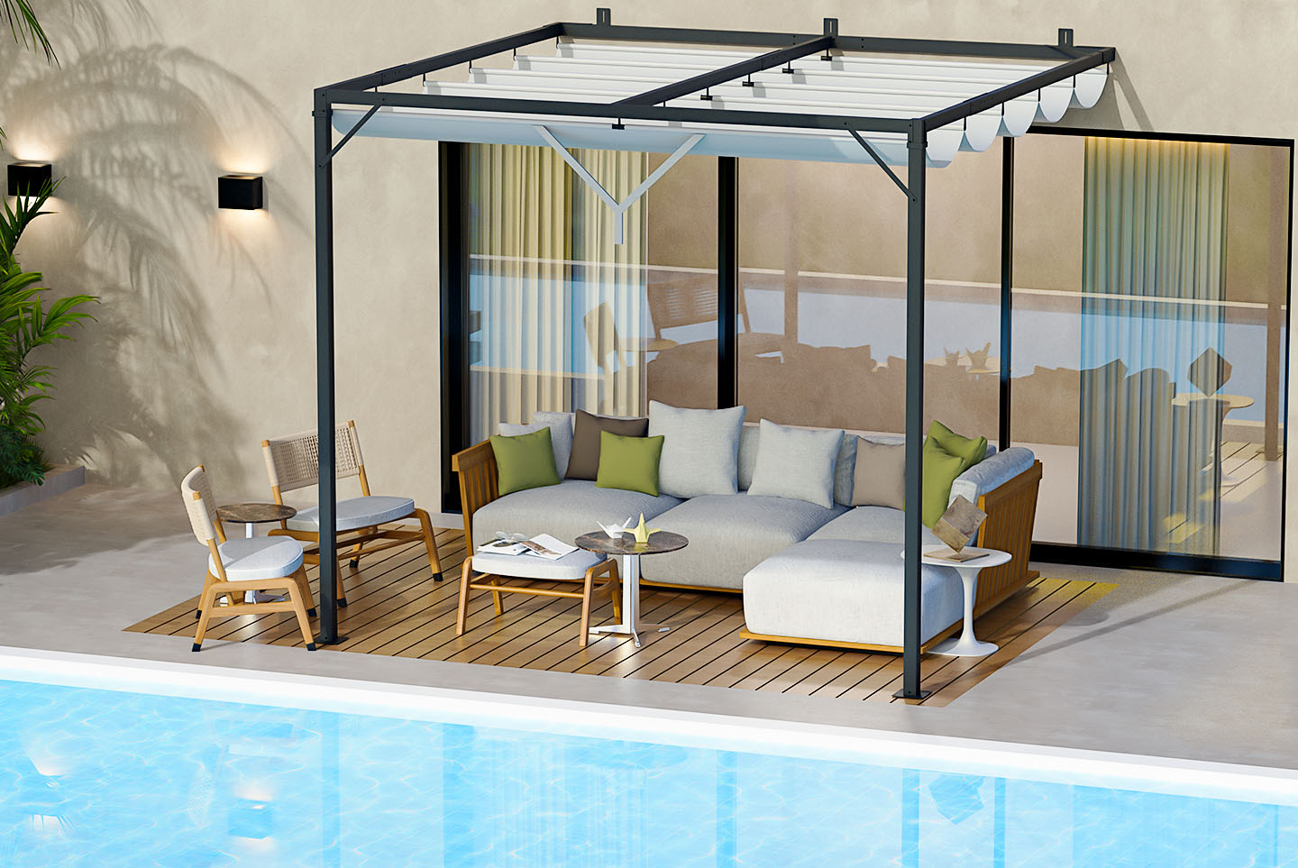 2.4m Lean to Wall Metal Pergola Square Gazebo with Retractable Roof Canopy