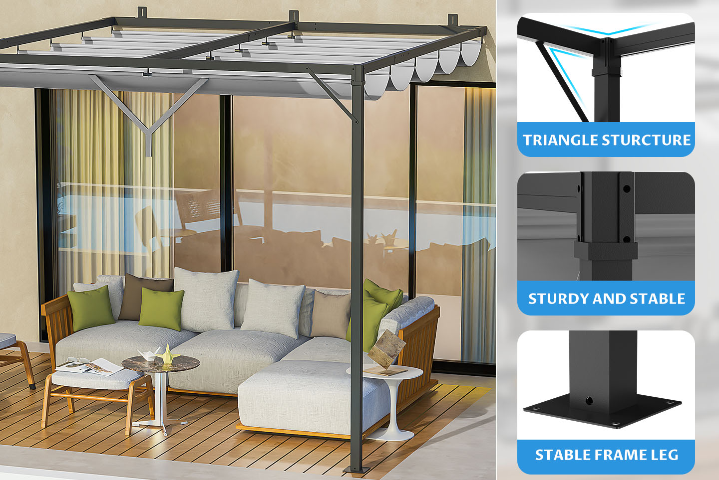 2.4m Lean to Wall Metal Pergola Square Gazebo with Retractable Roof Canopy