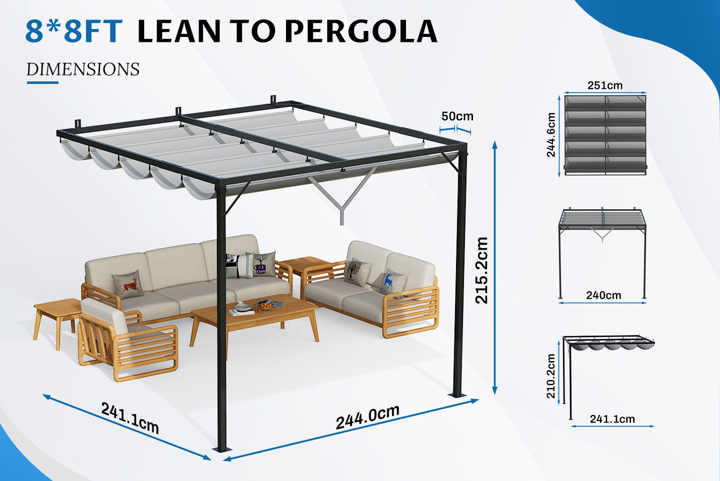 2.4m Lean to Wall Metal Pergola Square Gazebo with Retractable Roof Canopy