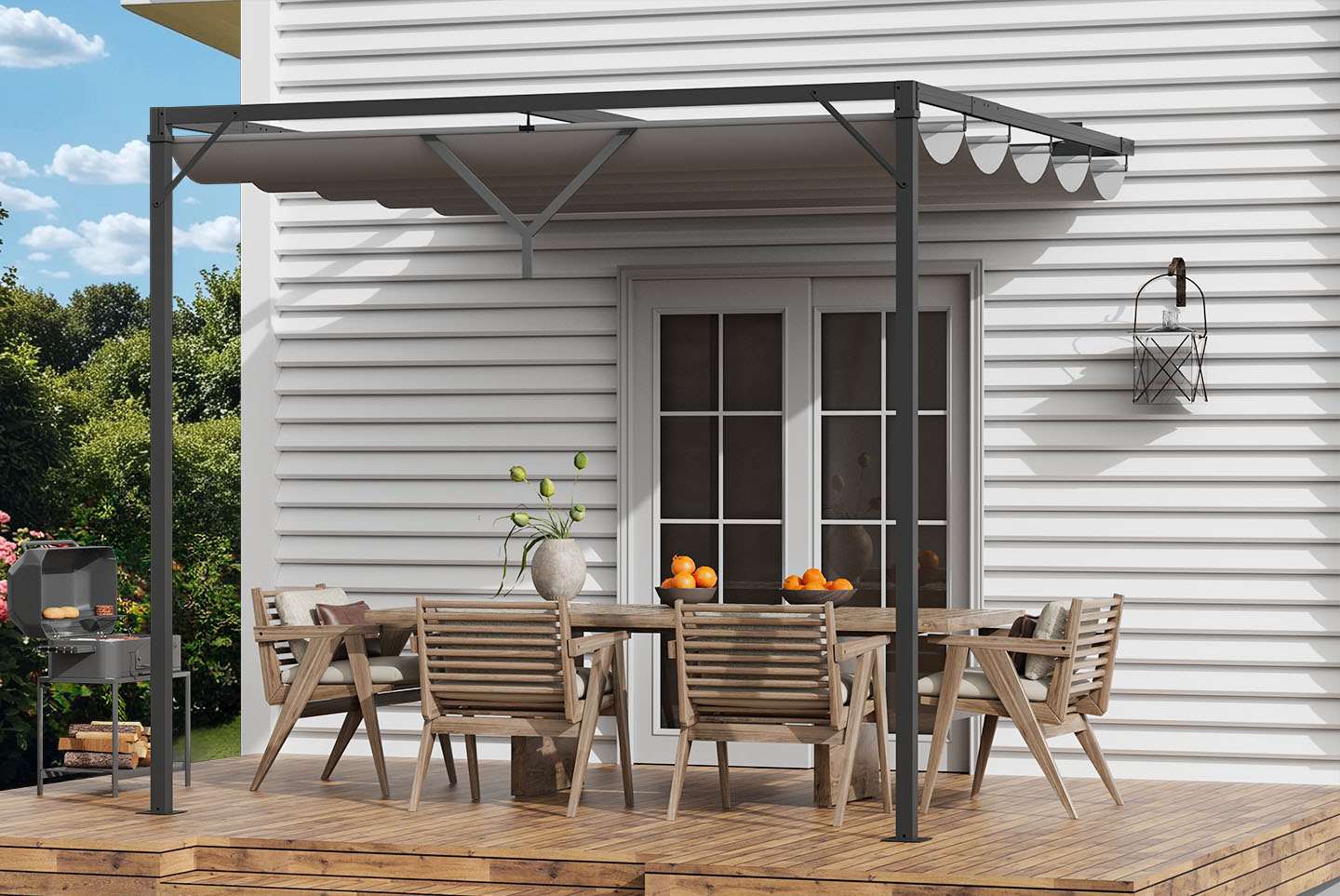 2.4m Lean to Wall Metal Pergola Square Gazebo with Retractable Roof Canopy