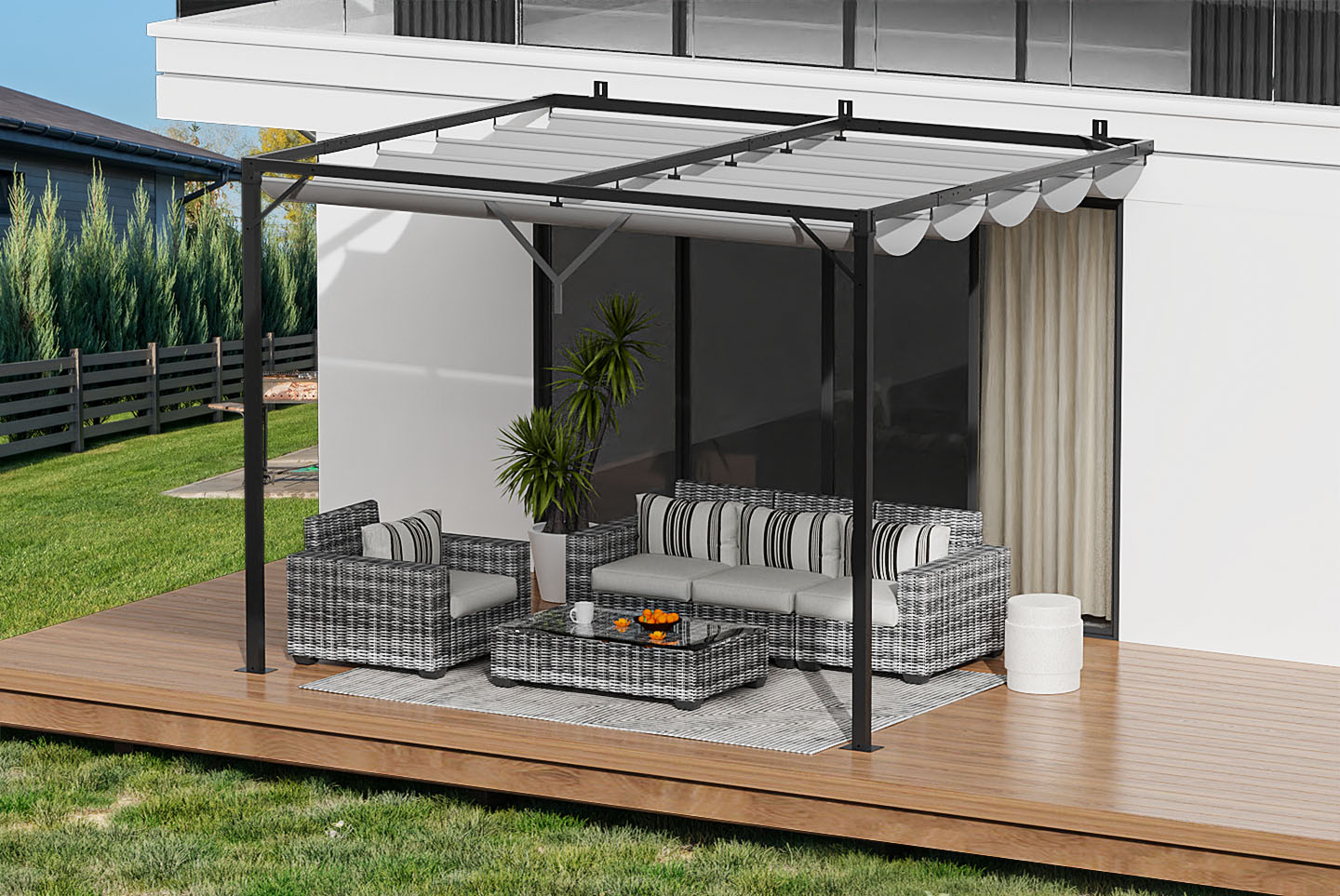2.4m Lean to Wall Metal Pergola Square Gazebo with Retractable Roof Canopy