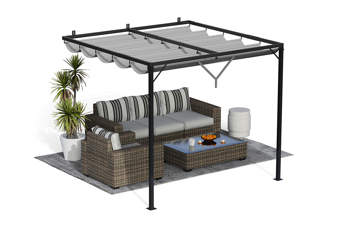 2.4m Lean to Wall Metal Pergola Square Gazebo with Retractable Roof Canopy