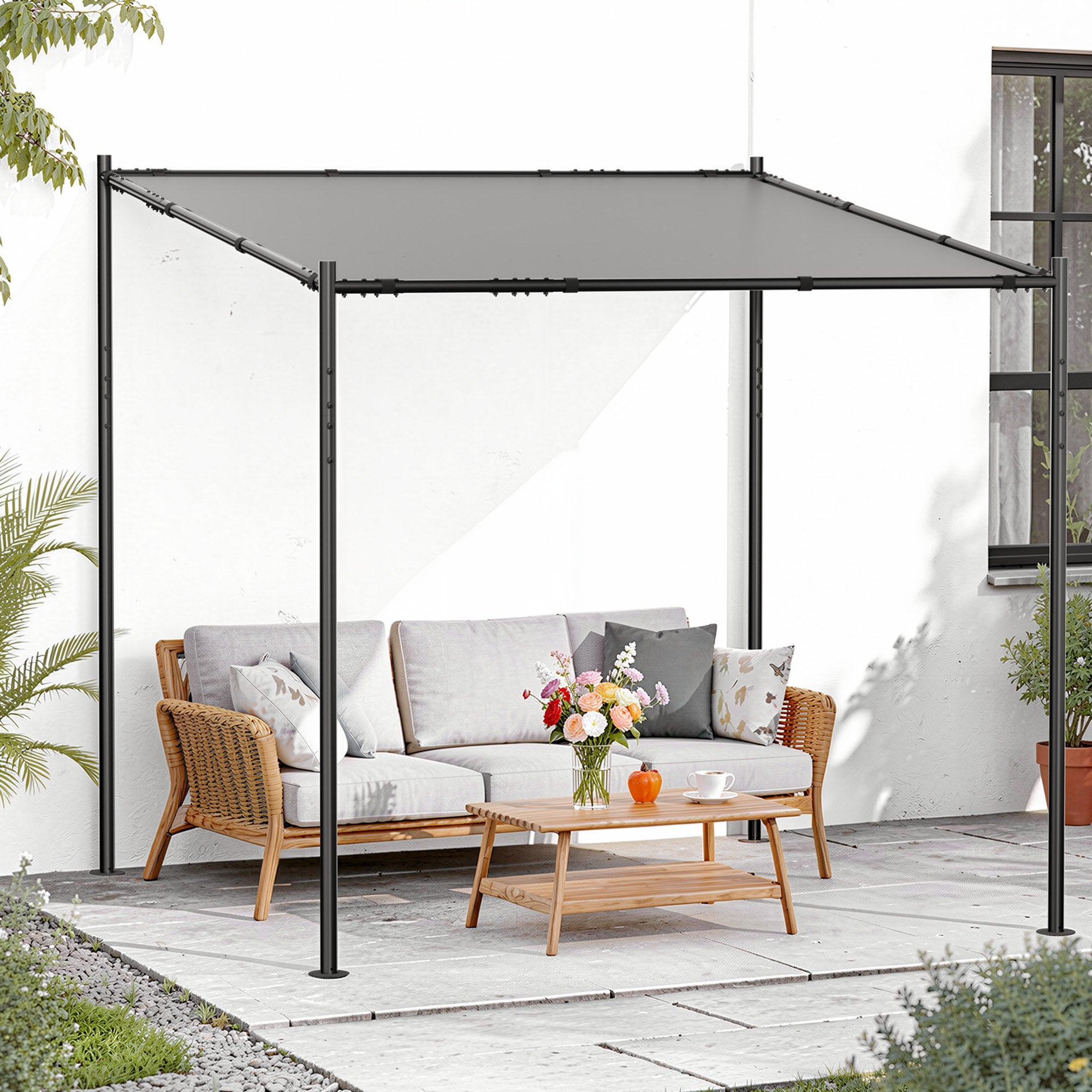 2.51mx2.51m Outdoor Metal Pergola with Slanted Roof Freestanding Garden Gazebo