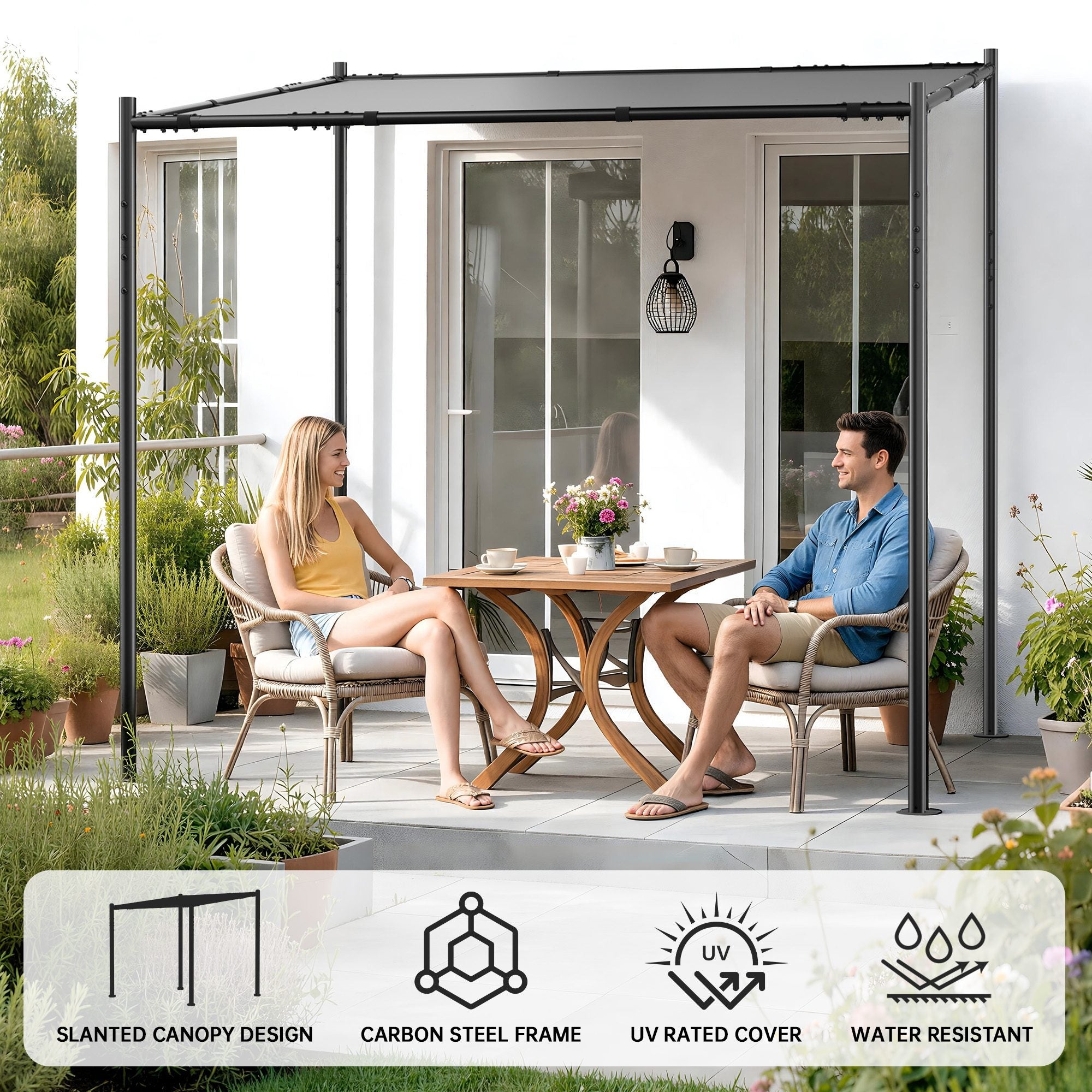 2.51mx2.51m Outdoor Metal Pergola with Slanted Roof Freestanding Garden Gazebo