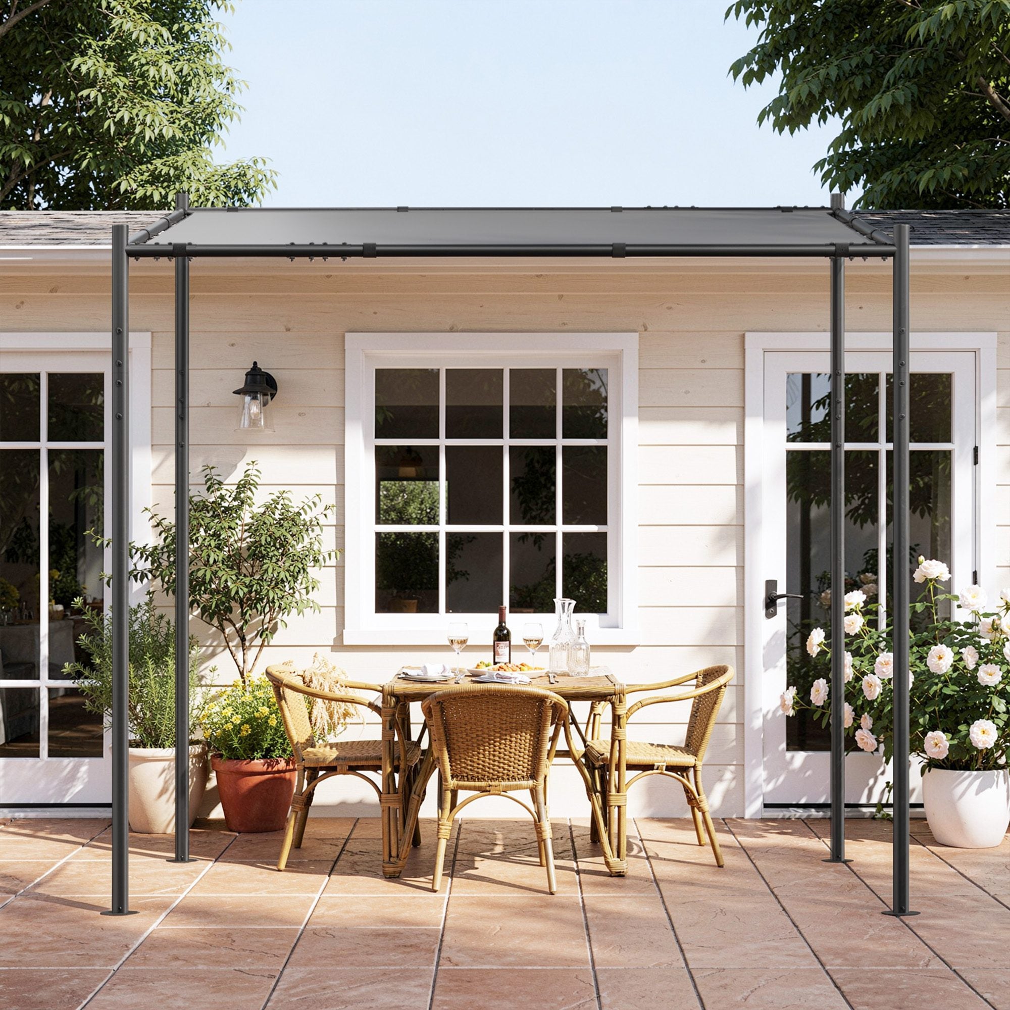 2.51mx2.51m Outdoor Metal Pergola with Slanted Roof Freestanding Garden Gazebo