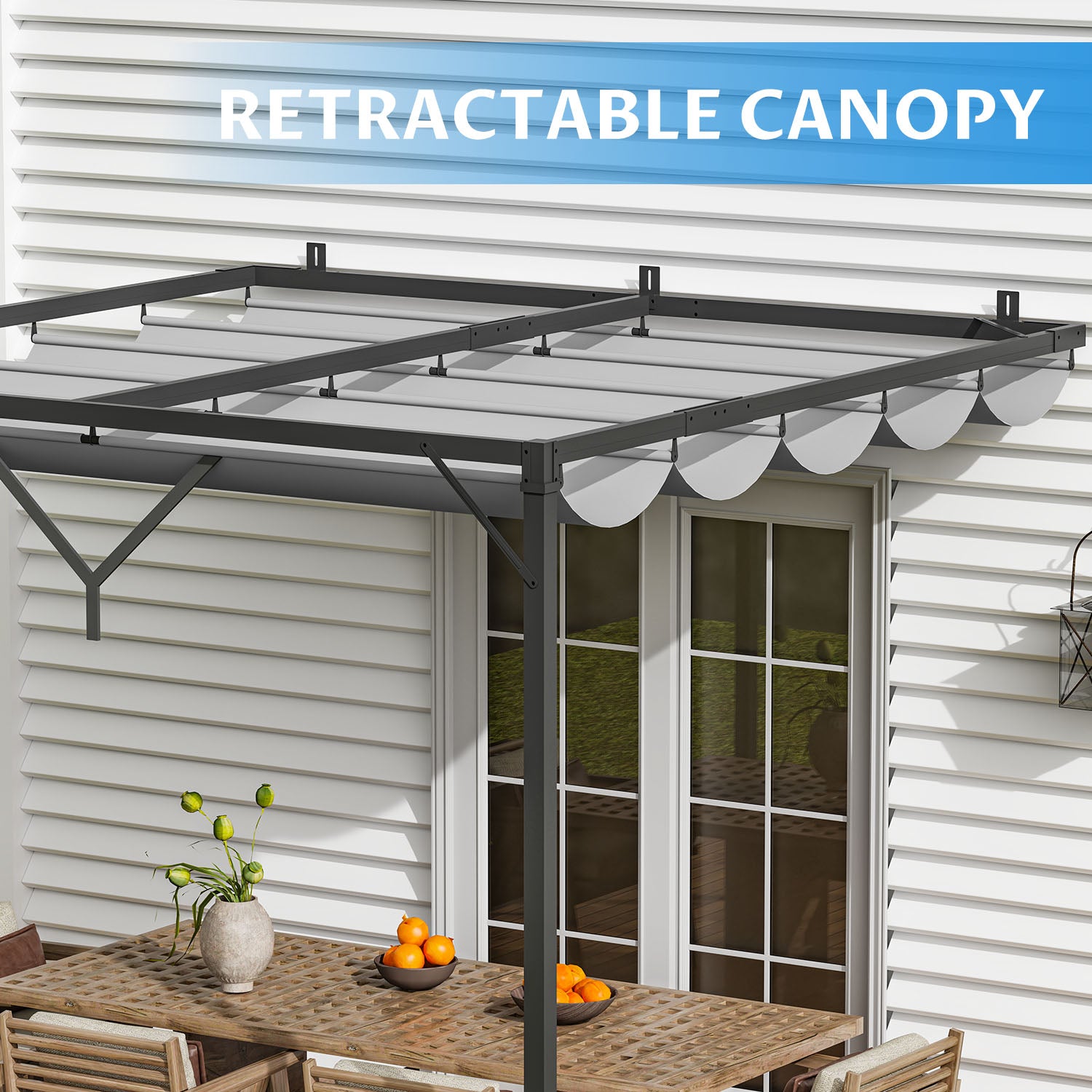 Lean to Wall Metal Pergola Square Gazebo with Retractable Roof Canopy