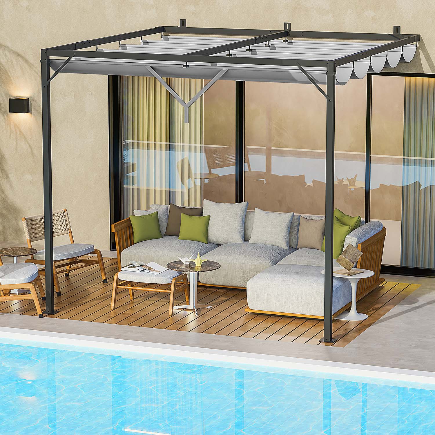 Lean to Wall Metal Pergola Square Gazebo with Retractable Roof Canopy