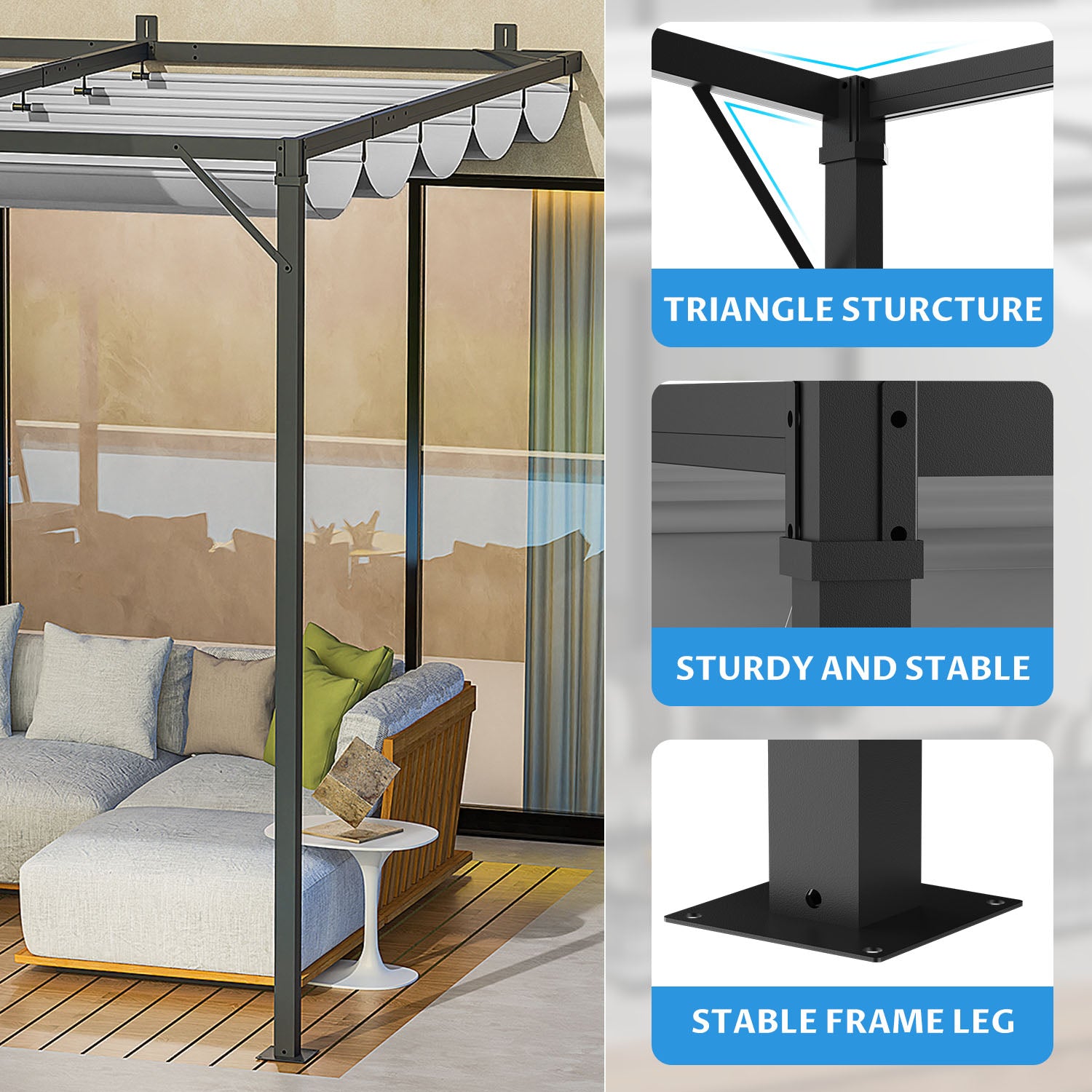 Lean to Wall Metal Pergola Square Gazebo with Retractable Roof Canopy