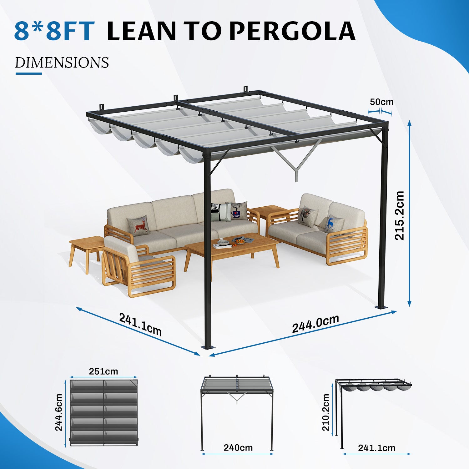 Lean to Wall Metal Pergola Square Gazebo with Retractable Roof Canopy