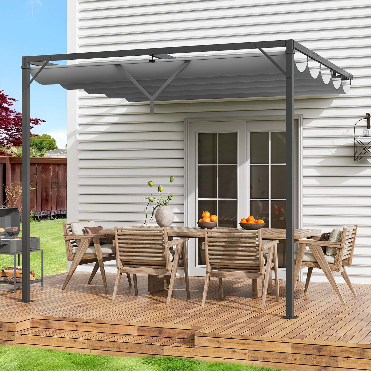 Lean to Wall Metal Pergola Square Gazebo with Retractable Roof Canopy