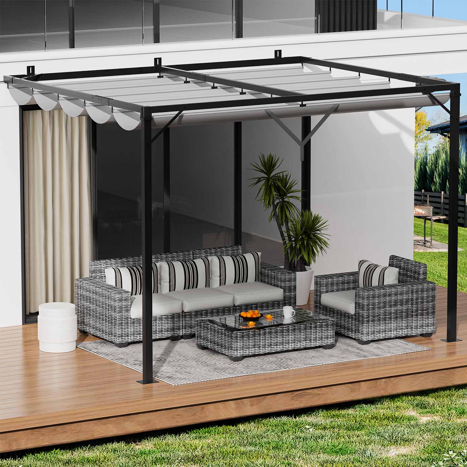 Lean to Wall Metal Pergola Square Gazebo with Retractable Roof Canopy