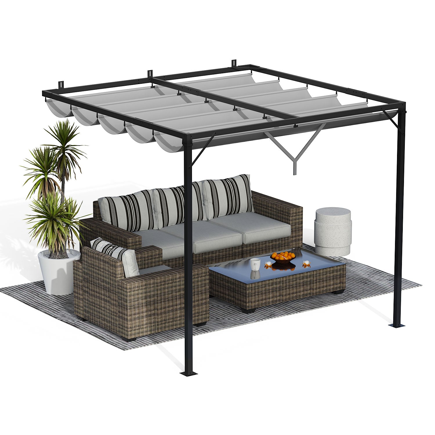 Lean to Wall Metal Pergola Square Gazebo with Retractable Roof Canopy
