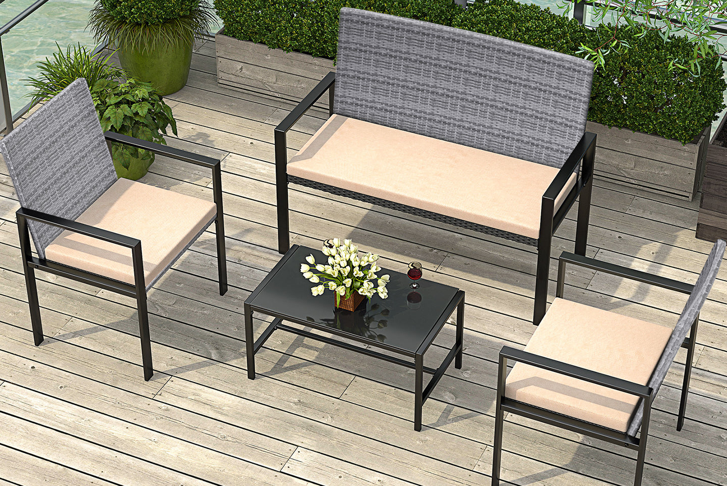4 Pieces Garden Furniture Rattan Patio Set with 2 Armchairs, 1 Double Seat Sofa and 1 Table