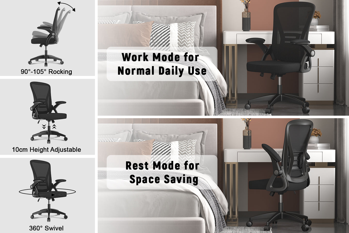 Office Chair Ergonomic Desk Chair with 90° Flip-up Armrest, Height Adjustable Office Desk Chair