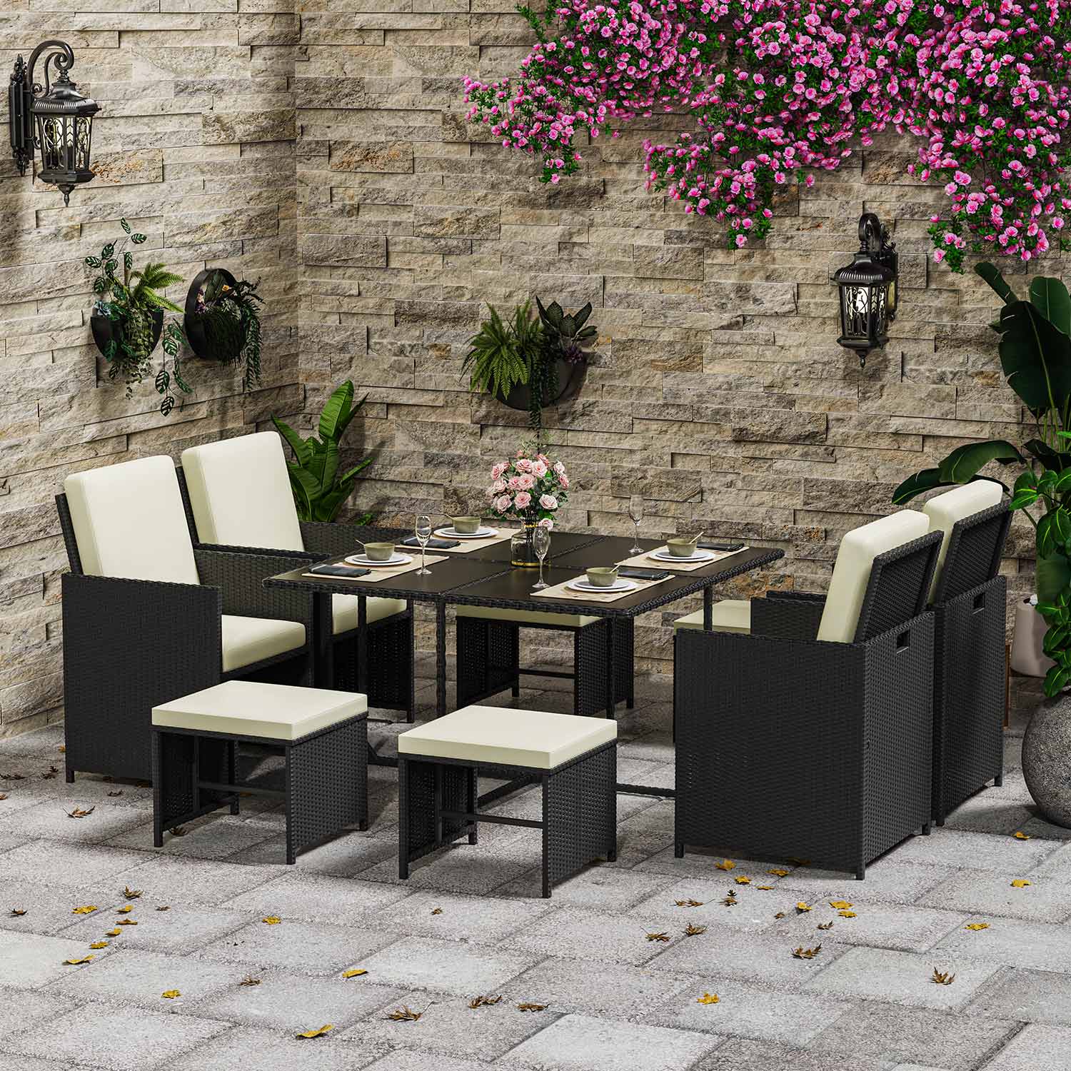 9 Pieces Rattan Garden Furniture Set with 1 Rattan Dining Table and 4 Rattan Chairs