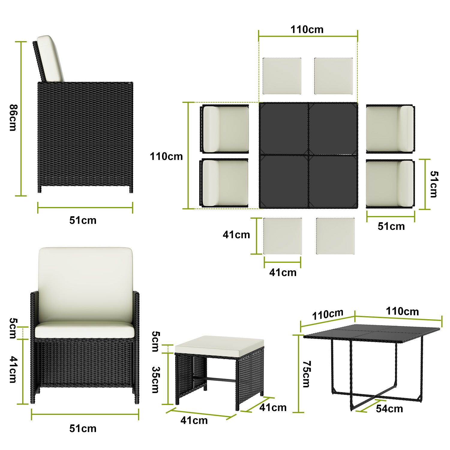9 Pieces Rattan Garden Furniture Set with 1 Rattan Dining Table and 4 Rattan Chairs