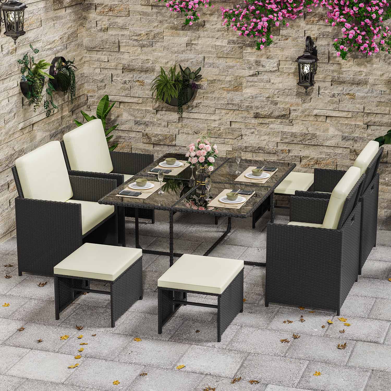 9 Pieces Rattan Garden Furniture Set with 1 Rattan Dining Table and 4 Rattan Chairs
