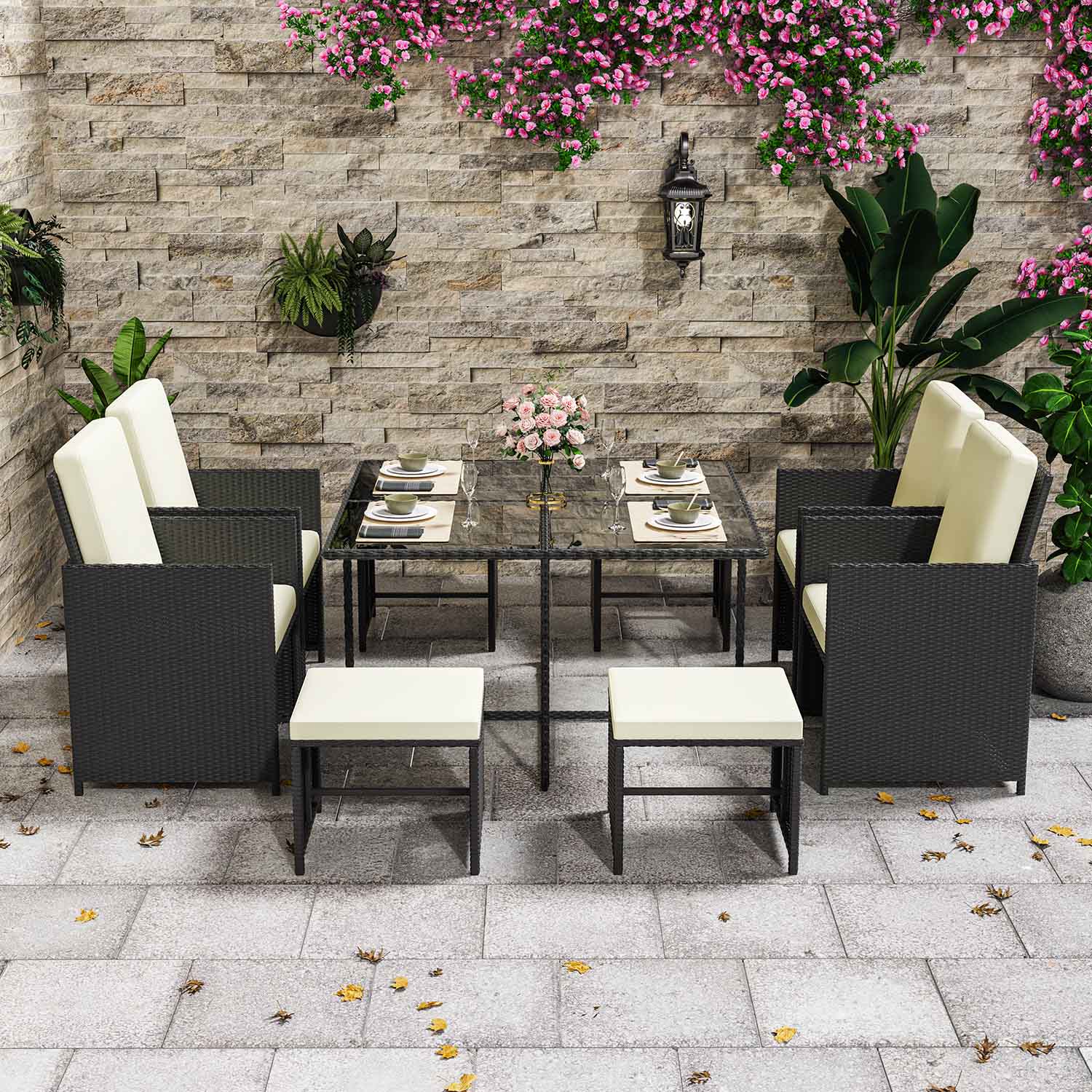 9 Pieces Rattan Garden Furniture Set with 1 Rattan Dining Table and 4 Rattan Chairs