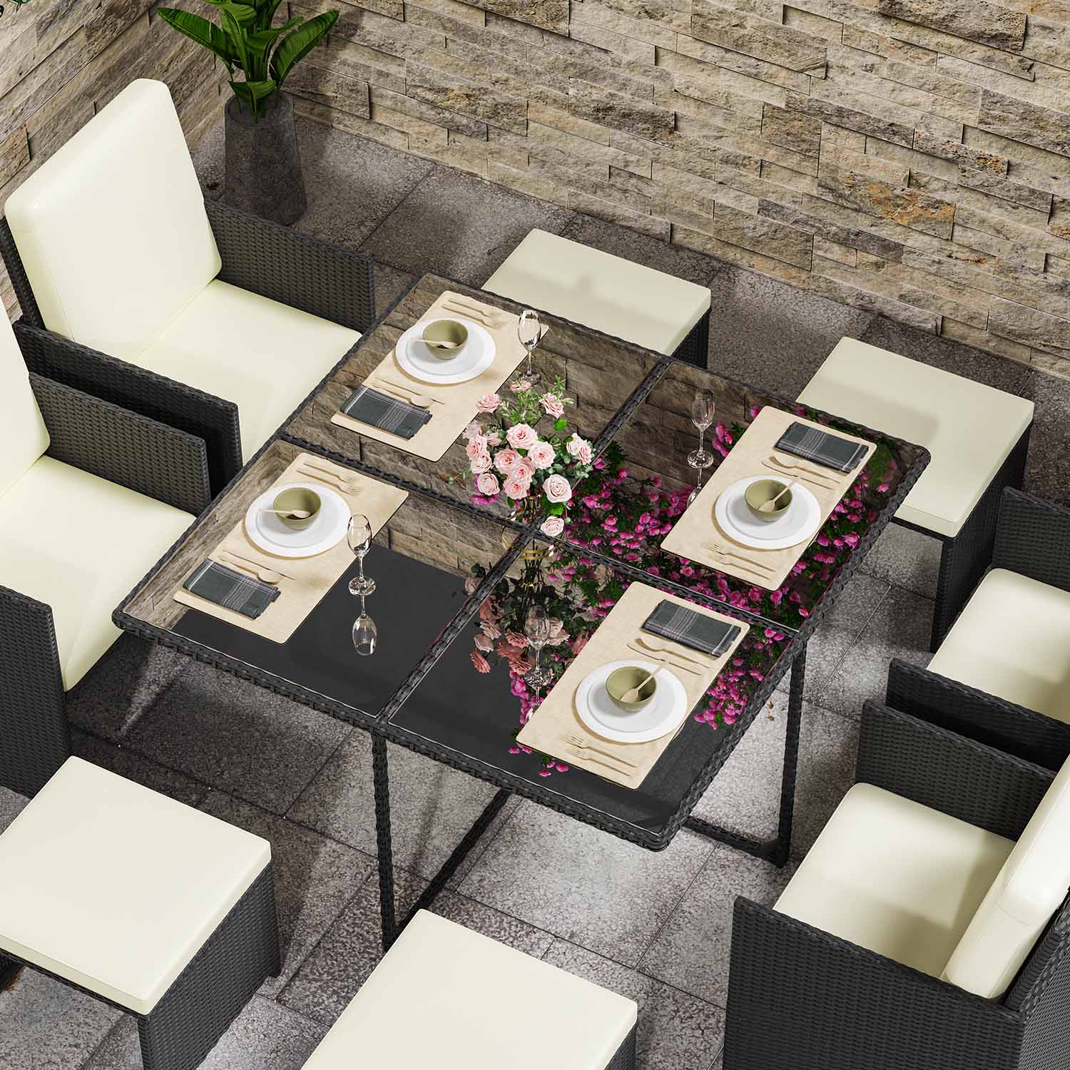 9 Pieces Rattan Garden Furniture Set with 1 Rattan Dining Table and 4 Rattan Chairs