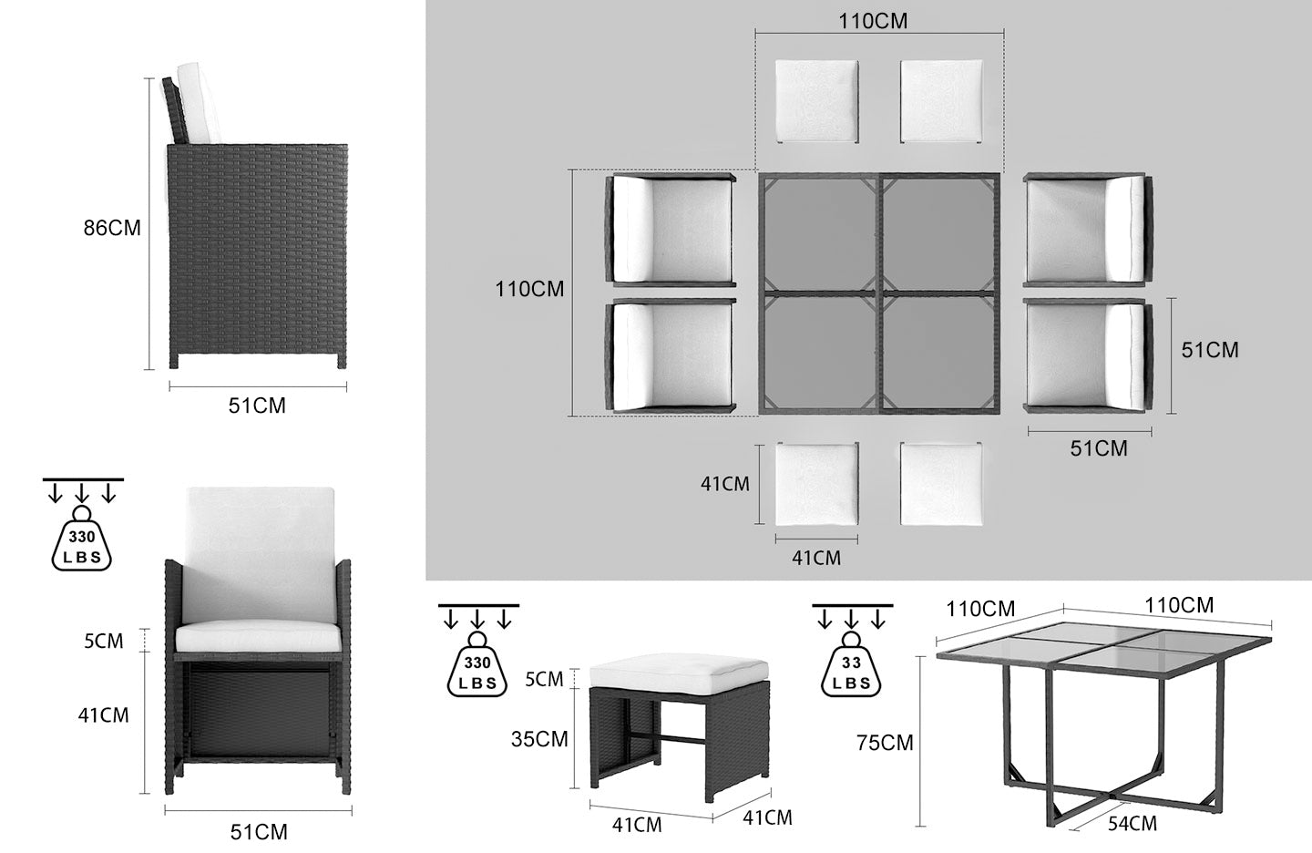 9 Pieces Rattan Garden Furniture Set with 1 Rattan Dining Table and 4 Rattan Chairs