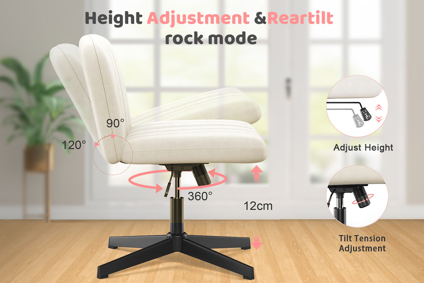 Ergonomic Cross Legged Office Chair Armless Wide Desk Chair with Mid Back Support for Home Office Bedroom