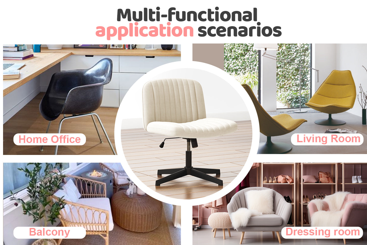 Ergonomic Cross Legged Office Chair Armless Wide Desk Chair with Mid Back Support for Home Office Bedroom