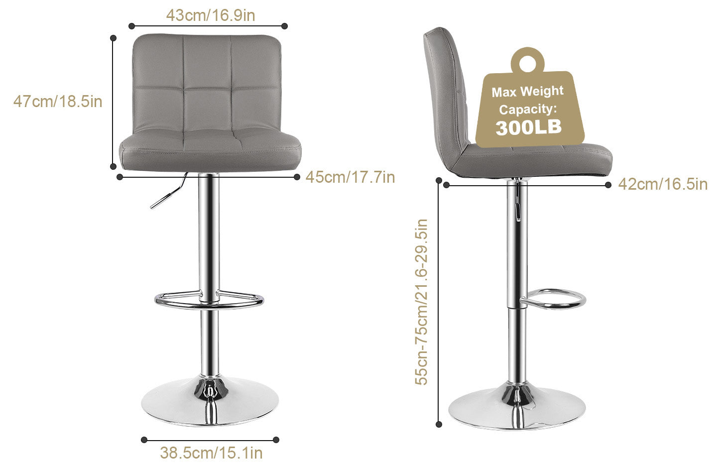 Modern Bar Stool Set of 2 PU Leather Swivel Height Adjustable with Backrest for Breakfast Bar, Kitchen