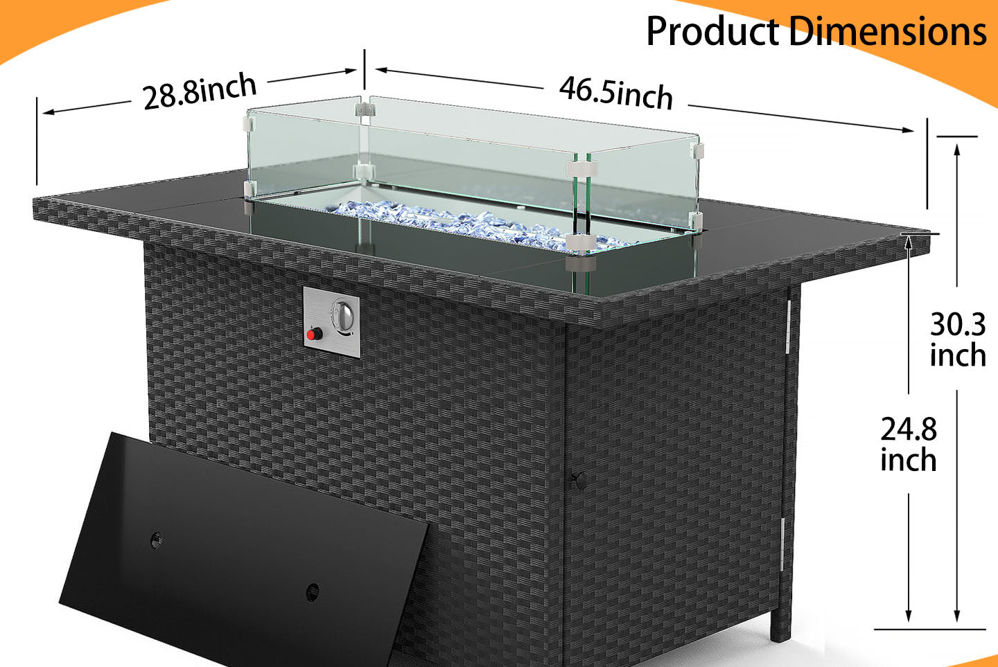 46 Inch 50000 BTU Outdoor Rectangular Rattan Fire Pit Table with Glass Wind Guard for Outside Patio Garden Backyard